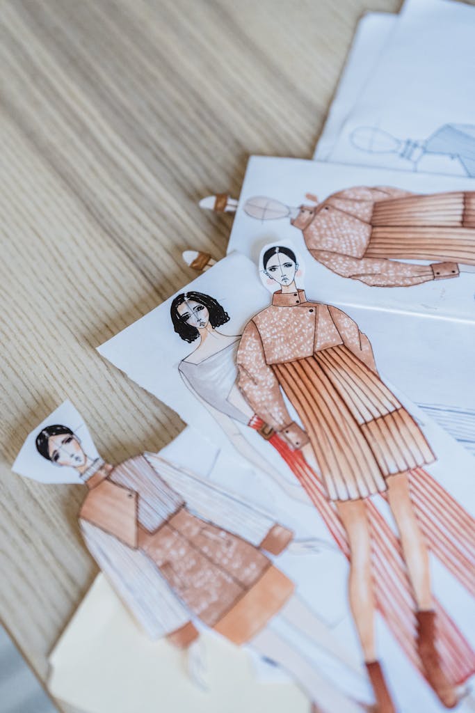 Collection of drawn fashion sketches on wooden table